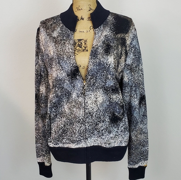 St. John Sport Tiger Bomber Wool Blend Sweater Jacket sz M - Picture 2 of 6